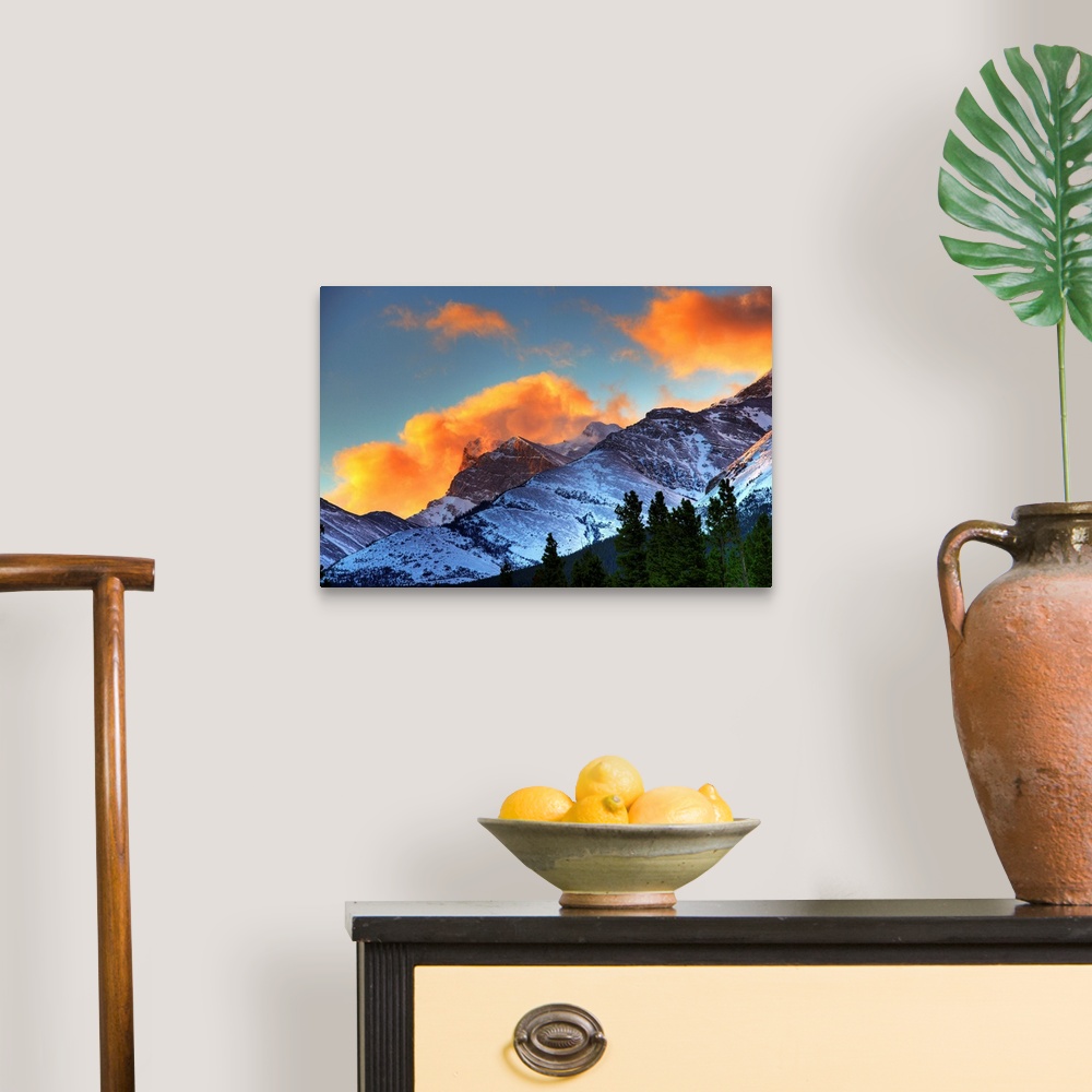 A traditional room featuring Sunrise Over Crowsnest Pass, Border Of British Columbia And Alberta, Canada
