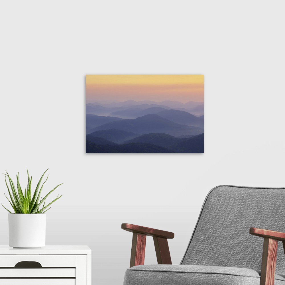 A modern room featuring Sunrise over Mountains, Nothweiler, Pfalzerwald, Rhineland-Palatinate, Germany