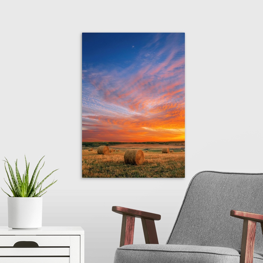 A modern room featuring Sunset And Haybales; Cremona, Italy