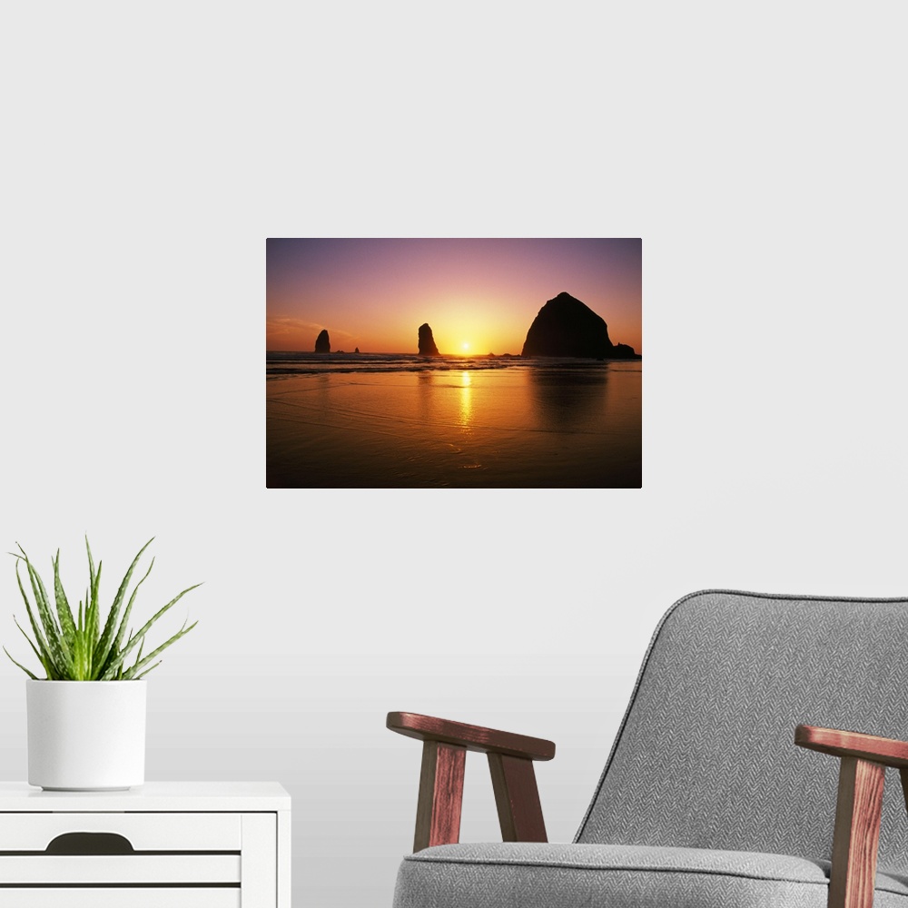 A modern room featuring Sunset At Cannon Beach, Oregon Coast, Oregon, USA