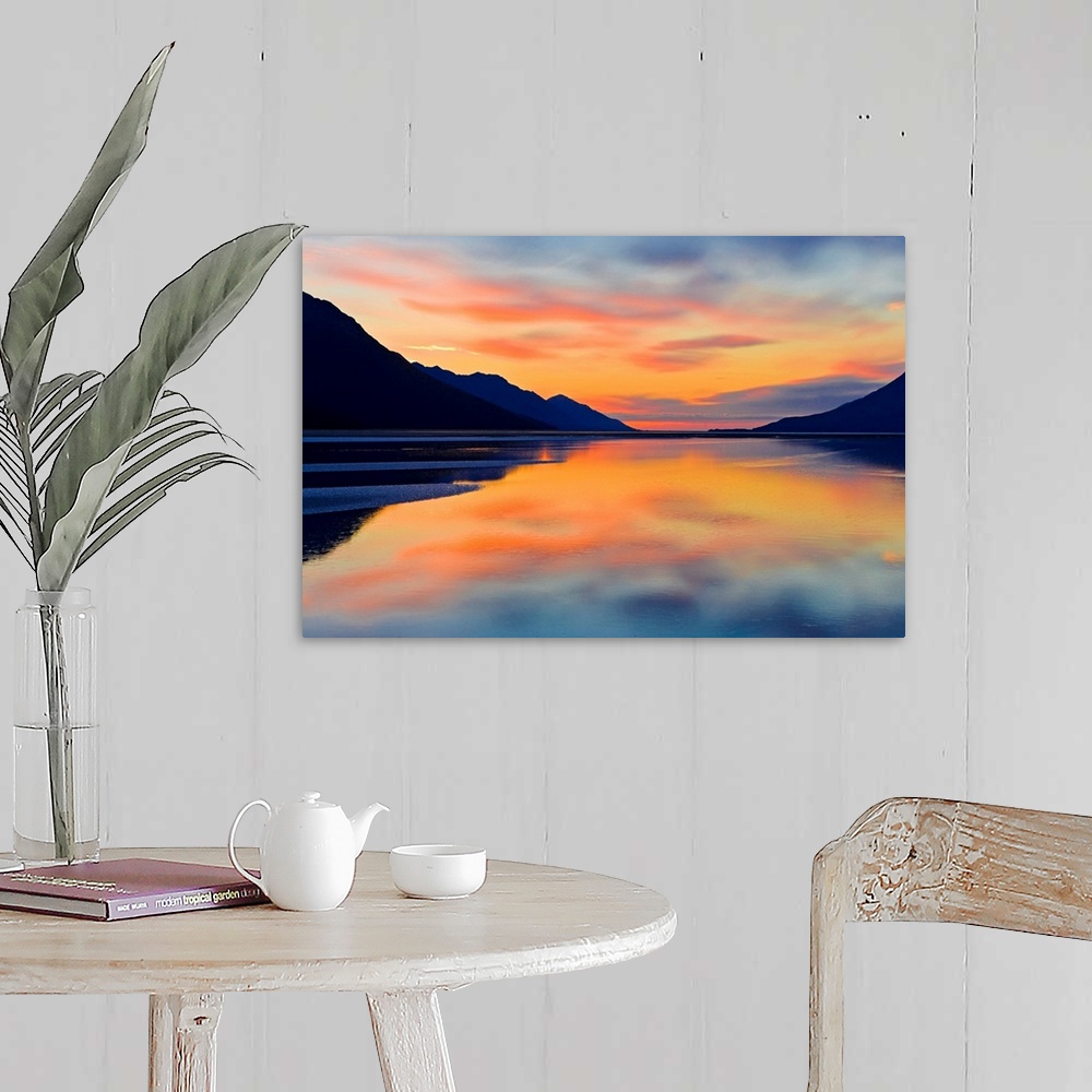 A farmhouse room featuring Expansive photograph of the Turnagain Arm in the Cook Inlet in Alaska (AK) during sunset. Calm wa...