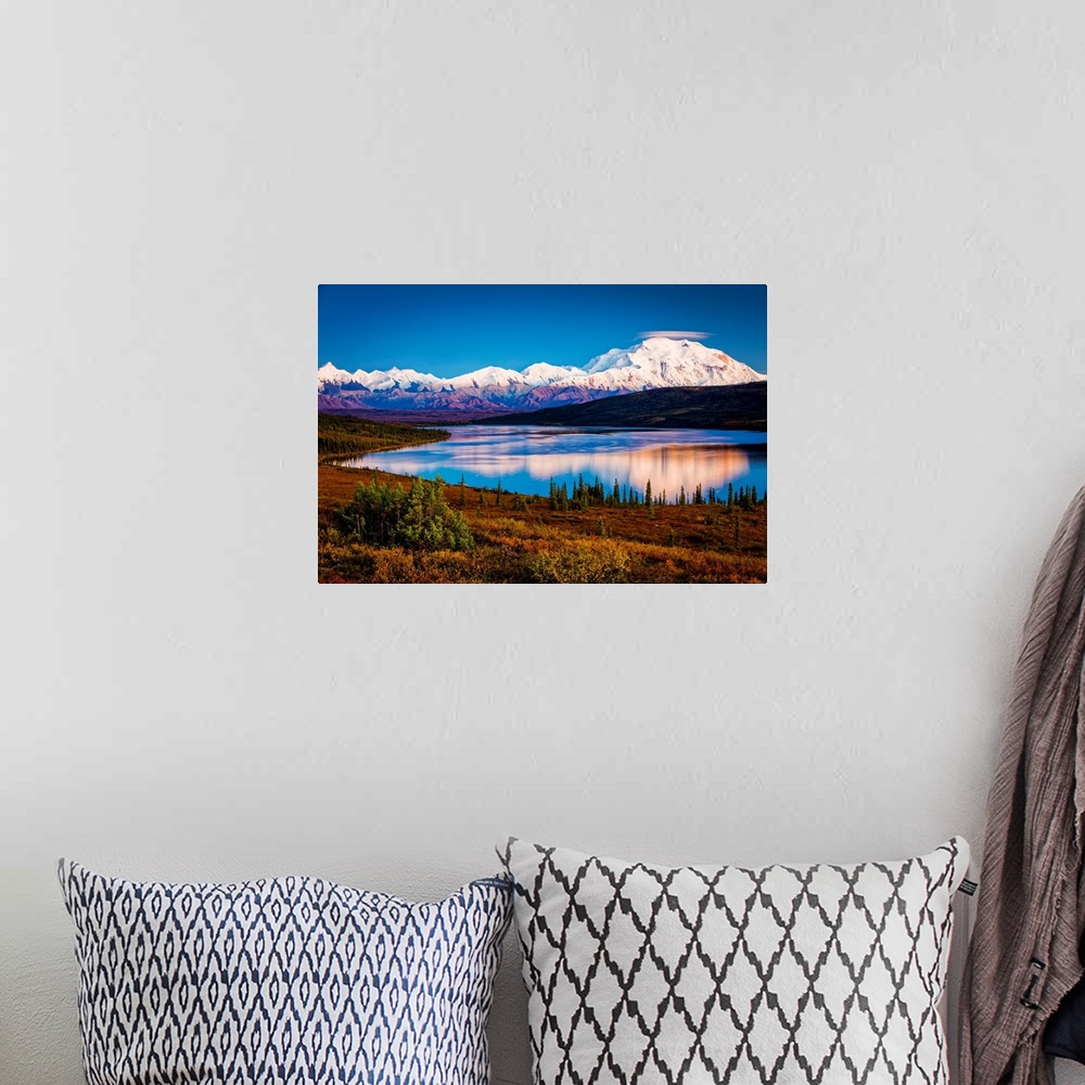 A bohemian room featuring Sunset glow on Mount Denali (McKinley) reflects on Wonder Lake with pastel sky, Denali National P...