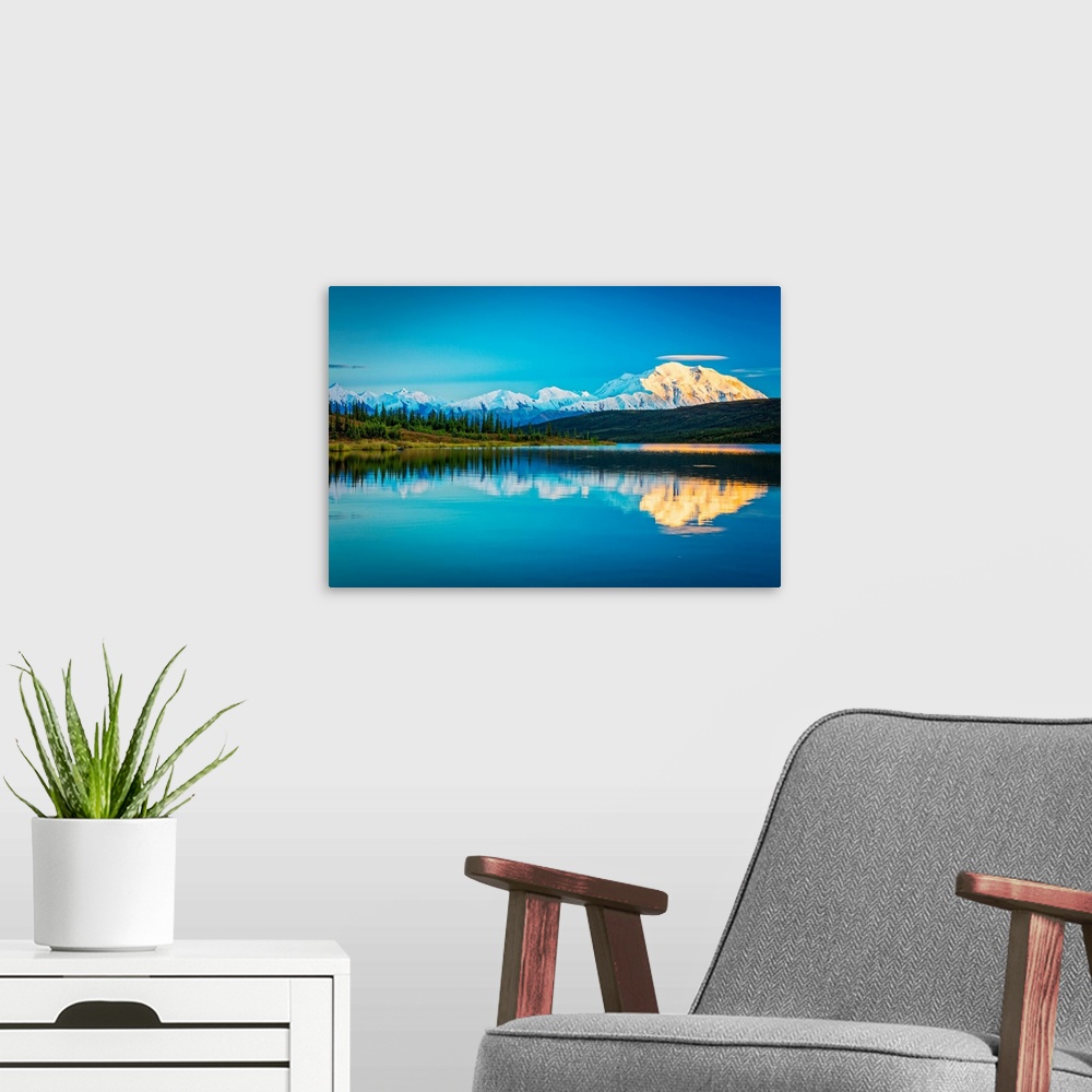 A modern room featuring Sunset glow on Mount Denali (McKinley) reflects on Wonder Lake in autumn in Denali National Park ...