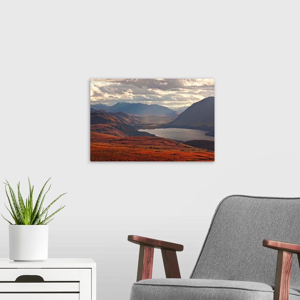 A modern room featuring Sunset Light Over Mountains Around Fish Lake, Whitehorse, Yukon, Canada