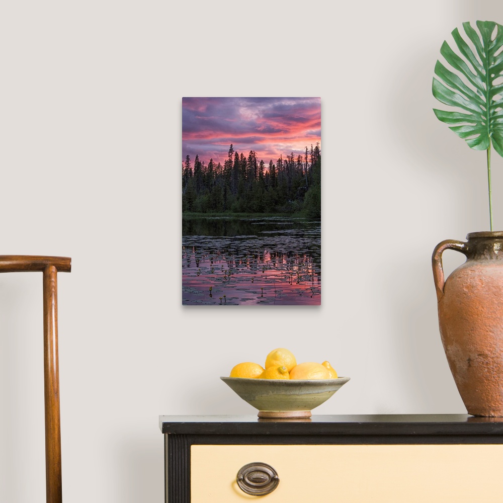 A traditional room featuring Sunset over a small beaver pond along the Yellowhead Highway near Smithers, Canada