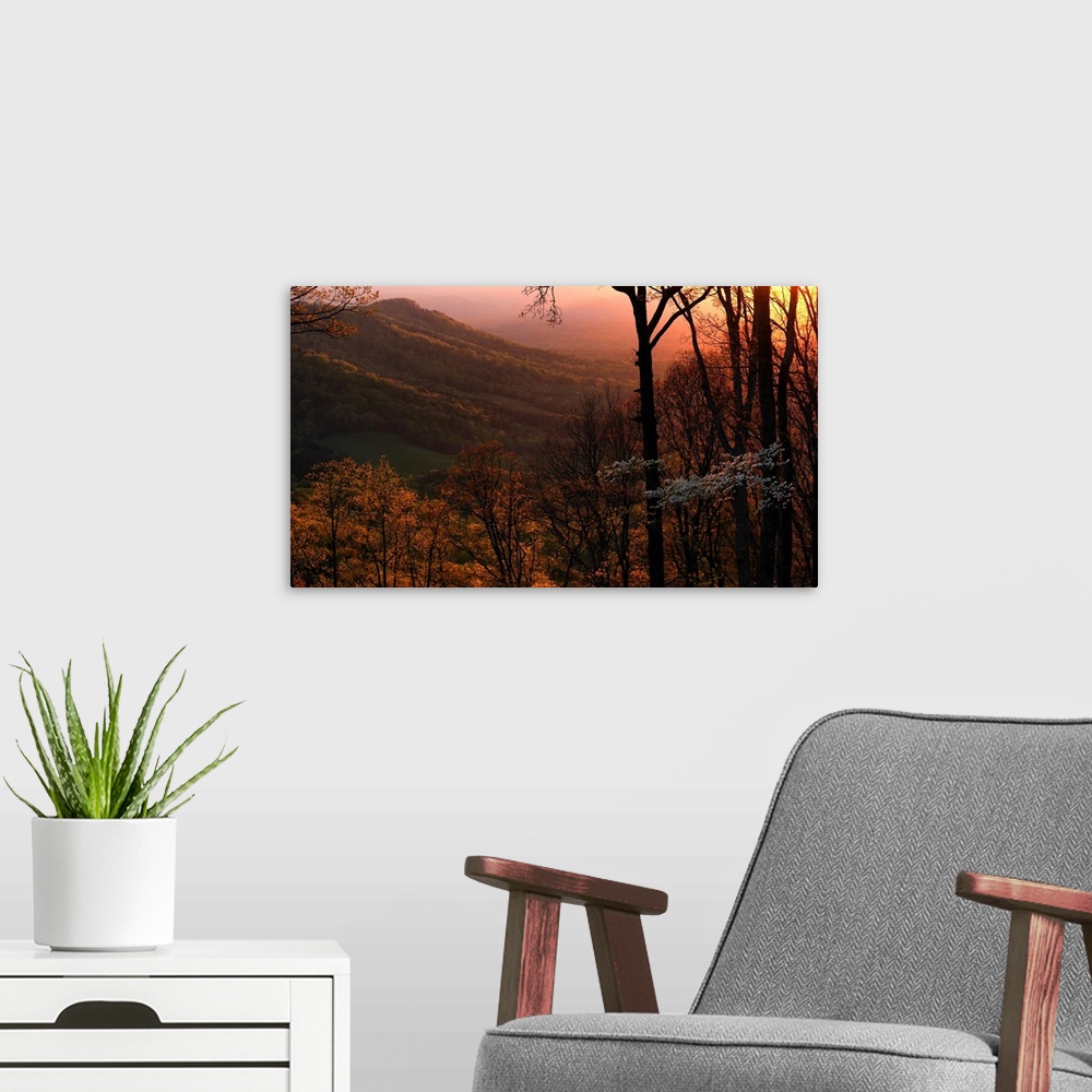 A modern room featuring Sunset over a springtime landscape,  Weaverville, North Carolina, United States of America