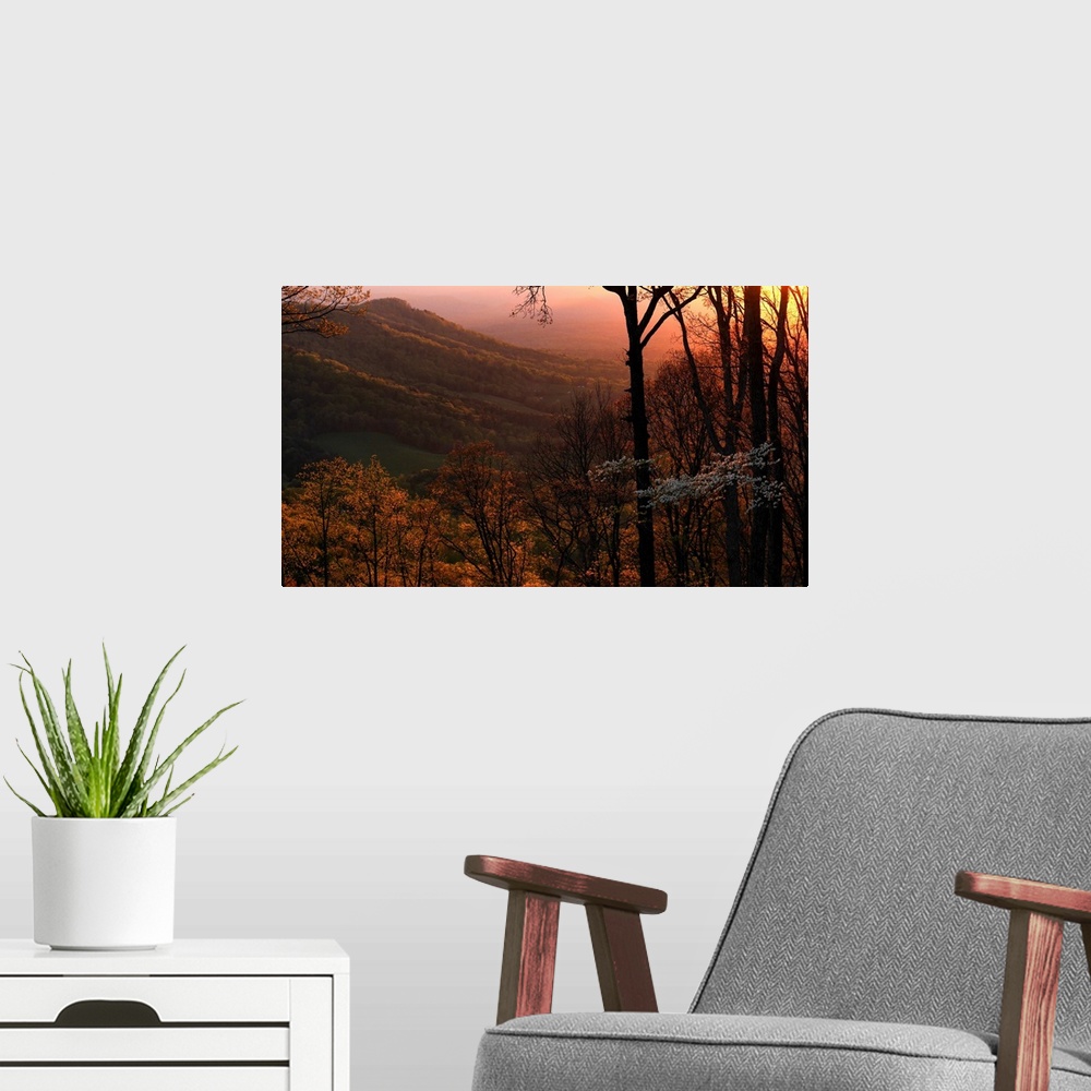 A modern room featuring Sunset over a springtime landscape,  Weaverville, North Carolina, United States of America