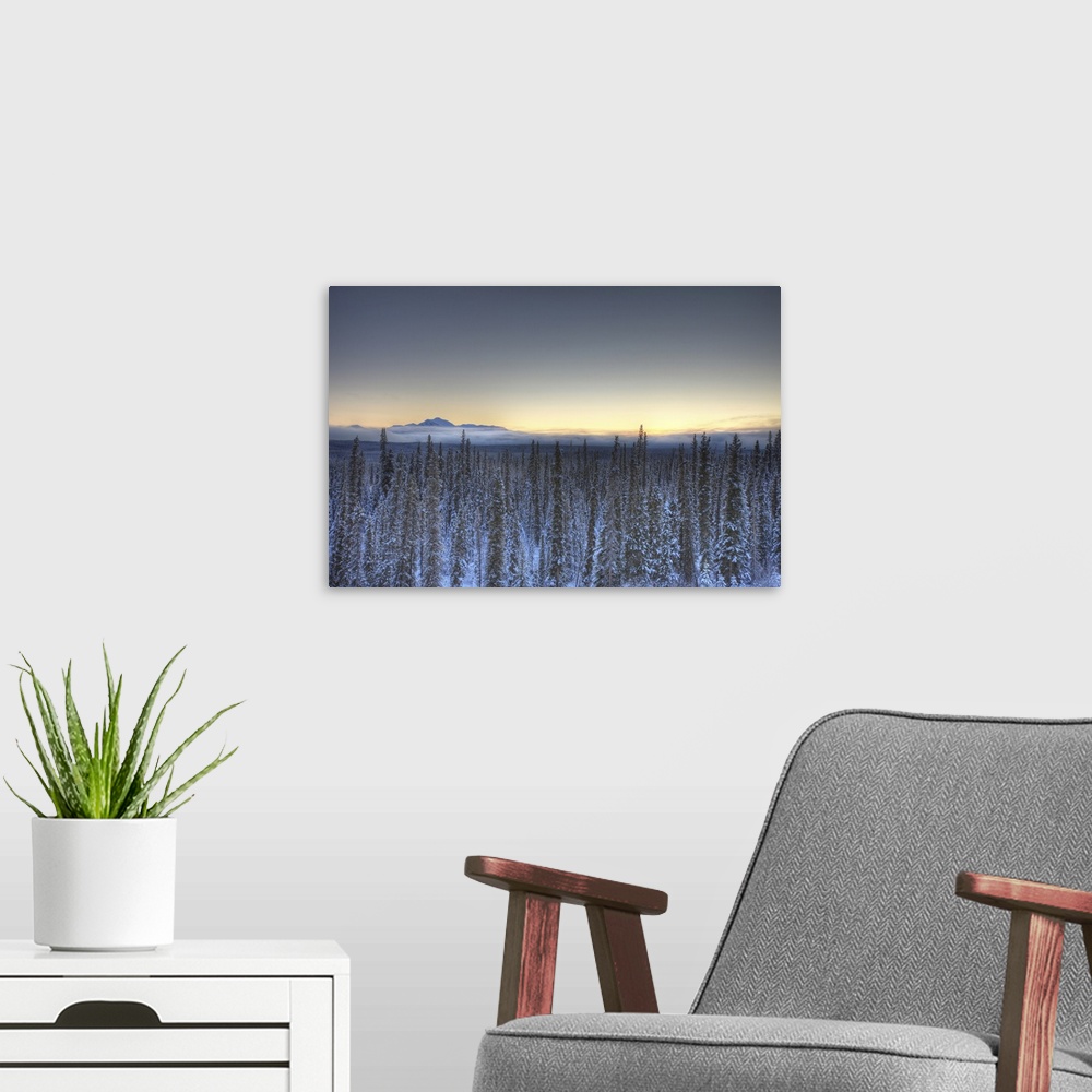 A modern room featuring Sunset Over Dawson Peaks, Teslin, Yukon