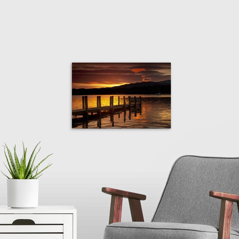 A modern room featuring Sunset Over Dock At Lake Windermere; Ambleside, Cumbria, England