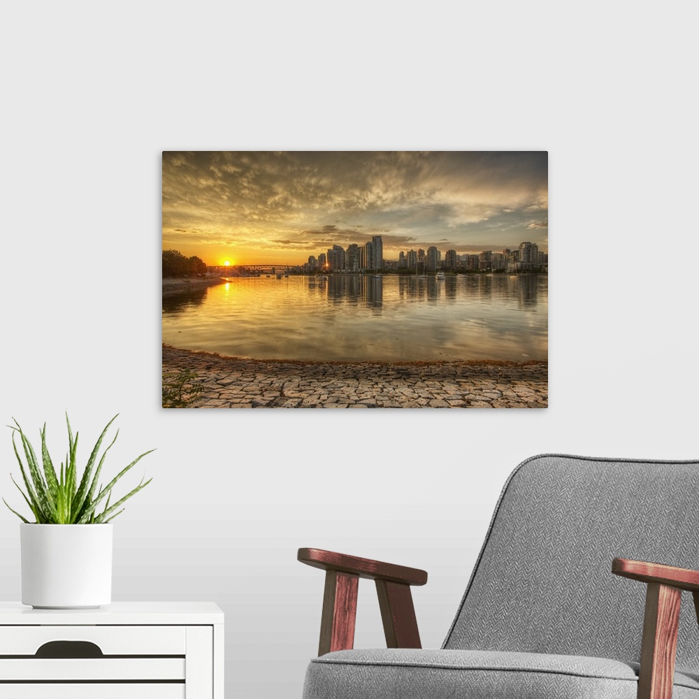 A modern room featuring Sunset Over False Creek And City Skyline, Vancouver, British Columbia, Canada