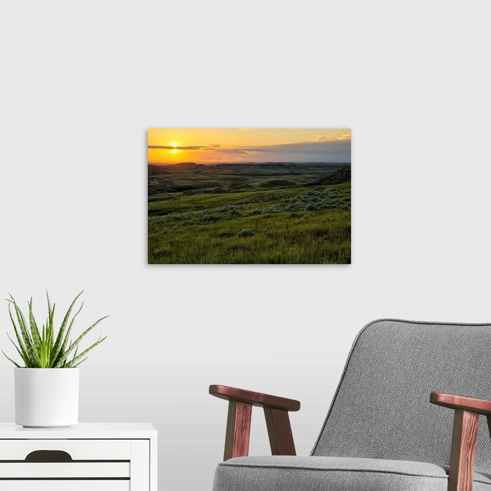 A modern room featuring Sunset over Killdeer Badlands in Grasslands National Park, Saskatchewan, Canada