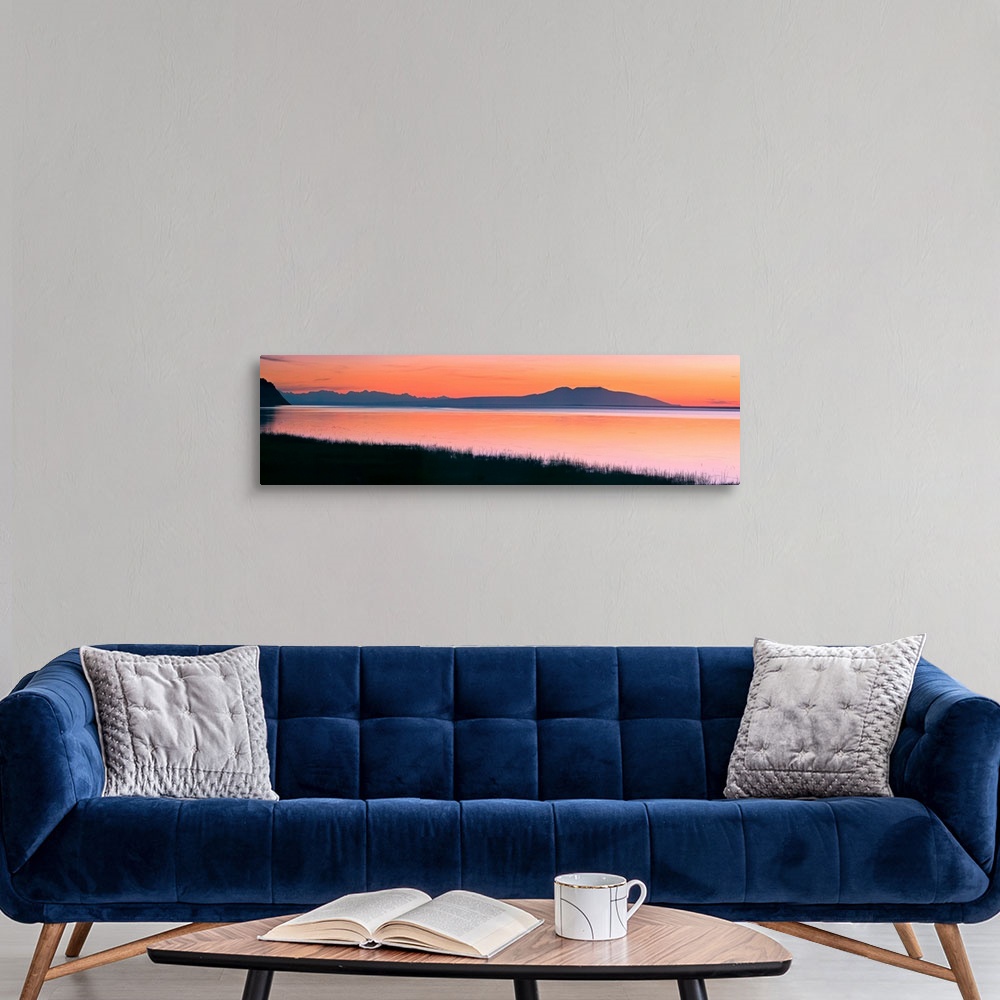 A modern room featuring Sunset Over Mount Susitna Sleeping Lady Across Knik Arm, Southcentral Alaska