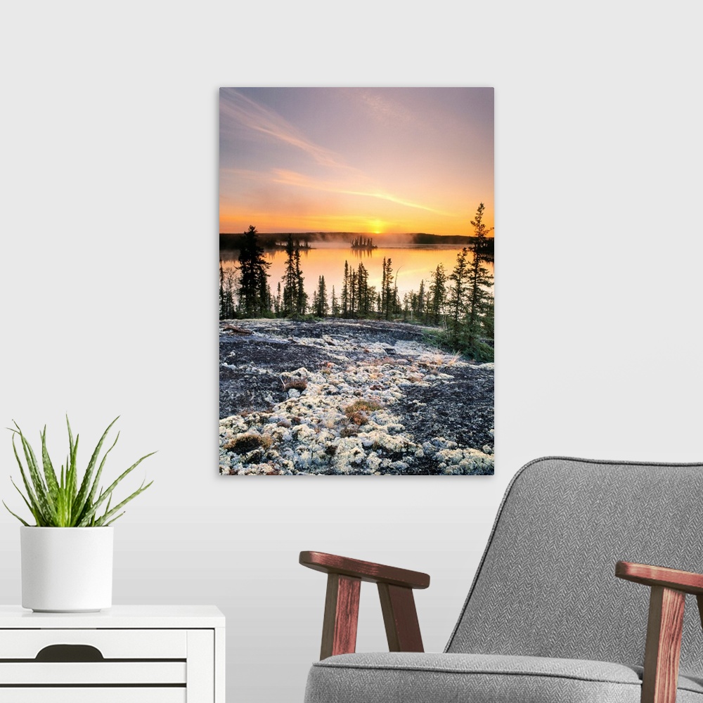 A modern room featuring Sunset Over Subarctic Lake, Northwest Territories, Canada
