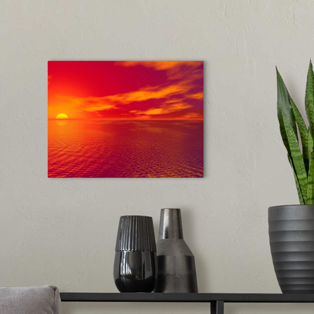 A modern room featuring Sunset Over The Water