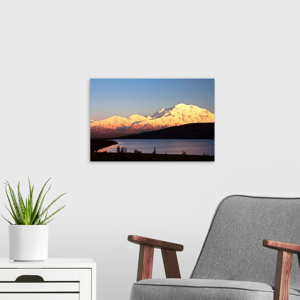 A modern room featuring Sunset scenic over Wonder Lake and Mt. McKinley, Denali National Park, Interior, Alaska