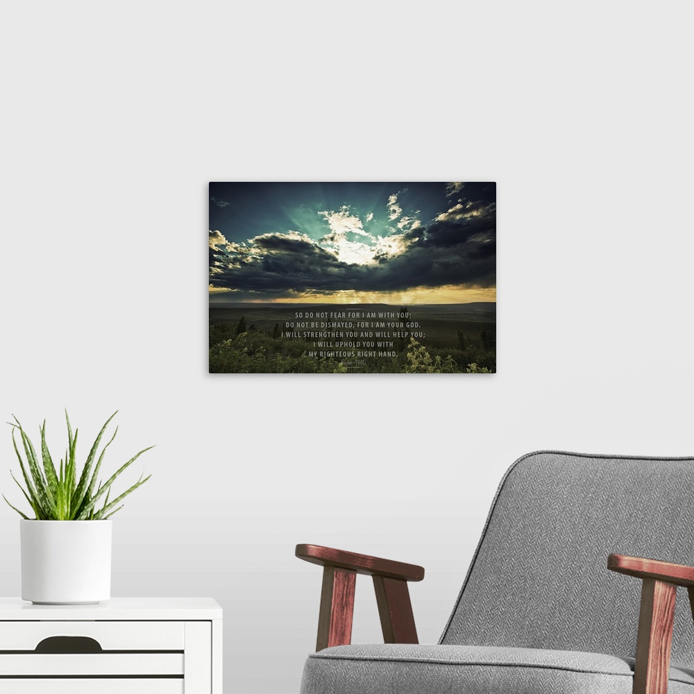 A modern room featuring Image Of A Sunset Shining Through Dark Clouds Over A Green Landscape And Scripture From Isaiah 41:10