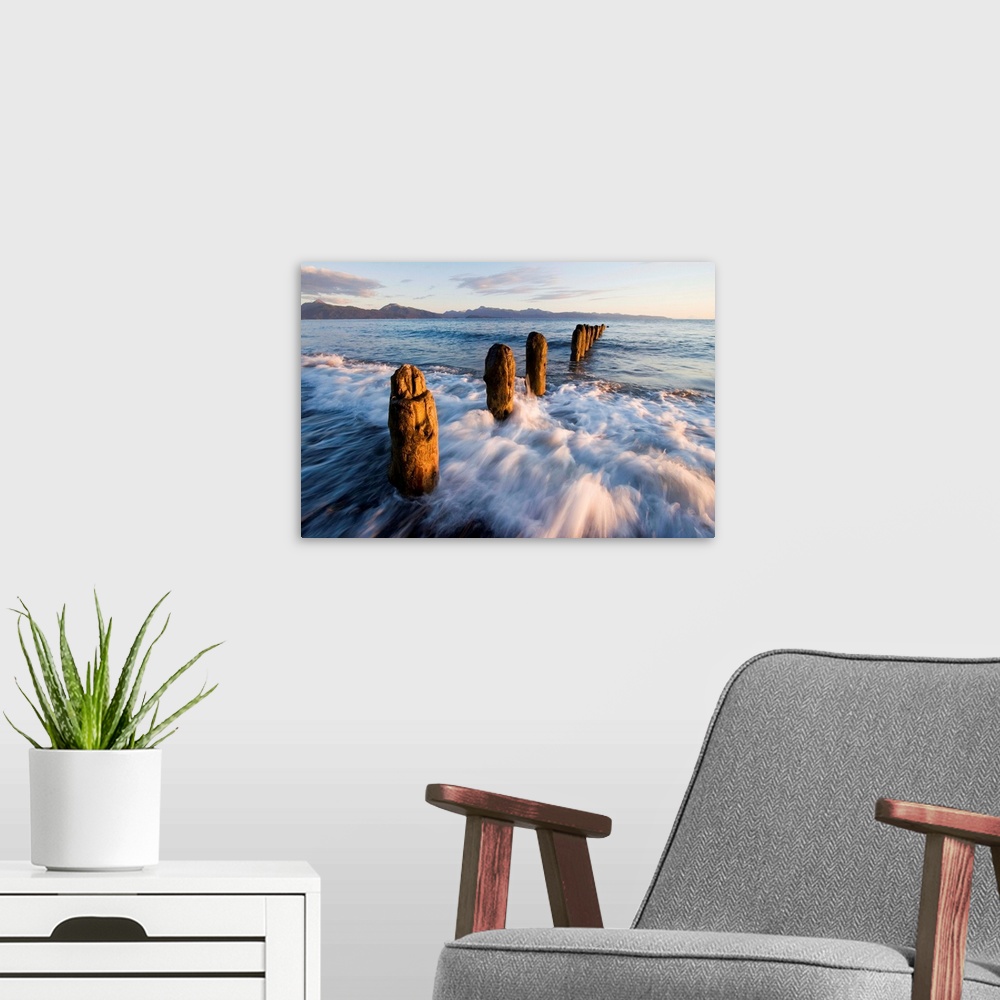 A modern room featuring Old Dock pilings, Beach, Waves; Homer Spit, Homer, AK; Summer
