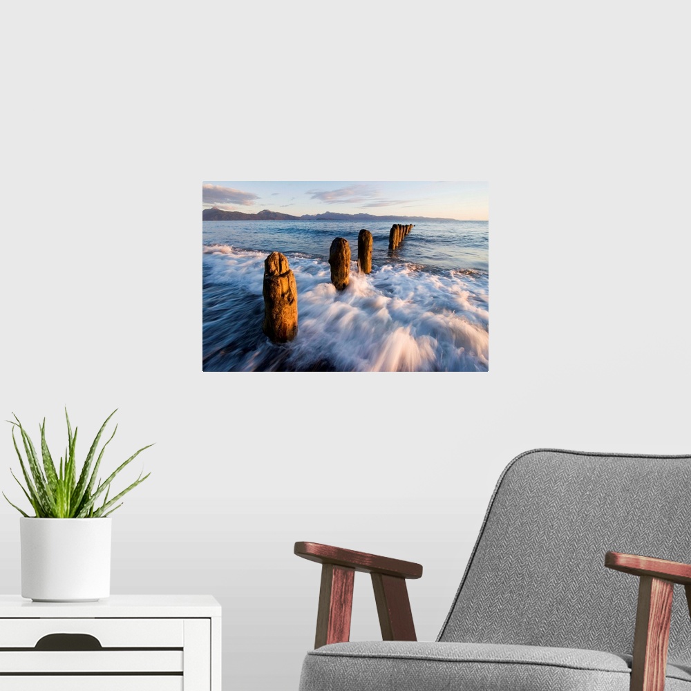 A modern room featuring Old Dock pilings, Beach, Waves; Homer Spit, Homer, AK; Summer