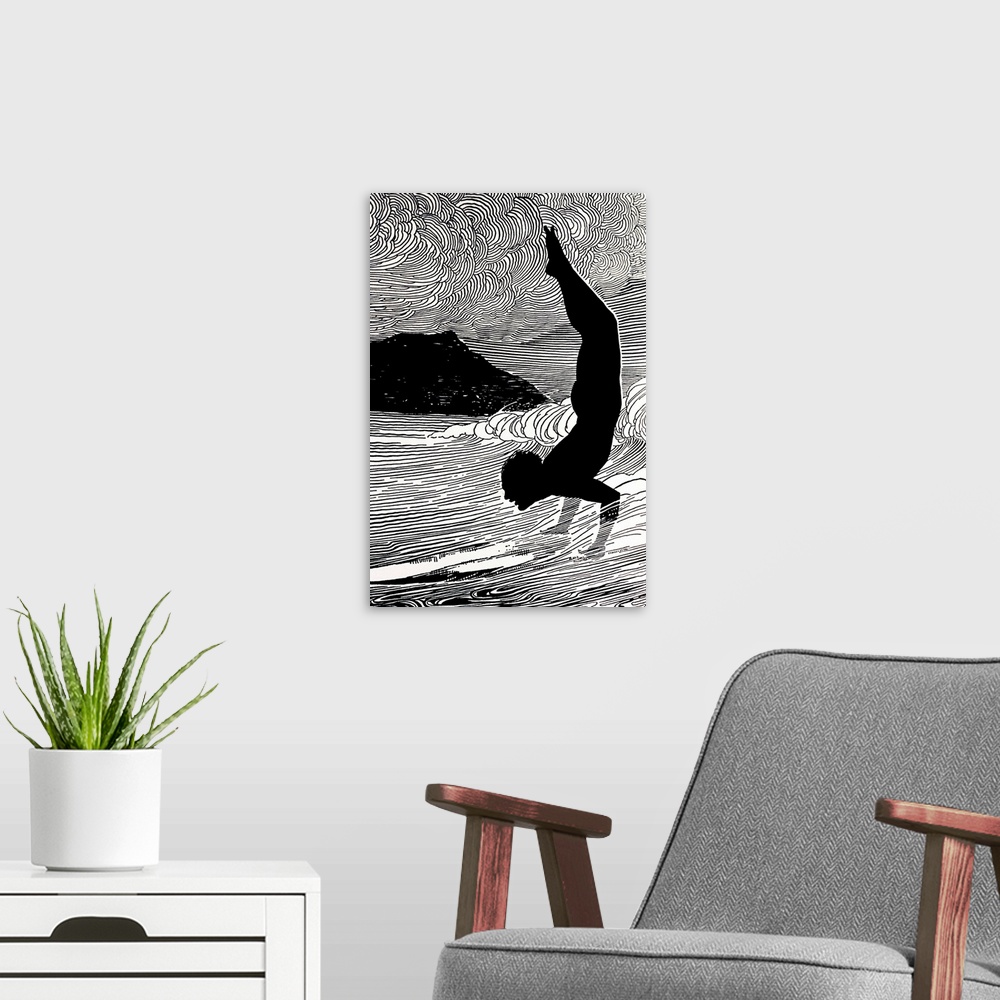 A modern room featuring Surfer And Waikiki, Figure Of Man Doing Hand Stand On Surfboard