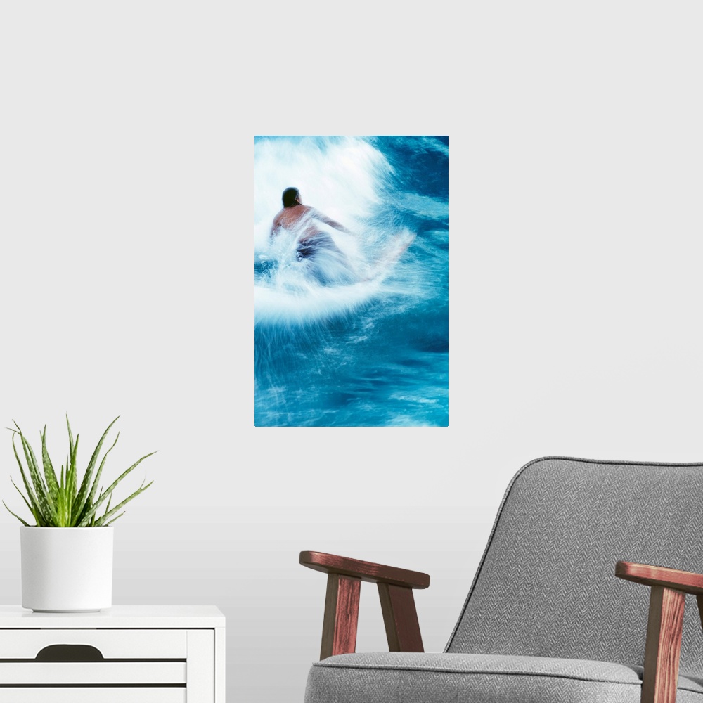A modern room featuring Surfer Carving On Splashing Wave, Interesting Perspective And Blur