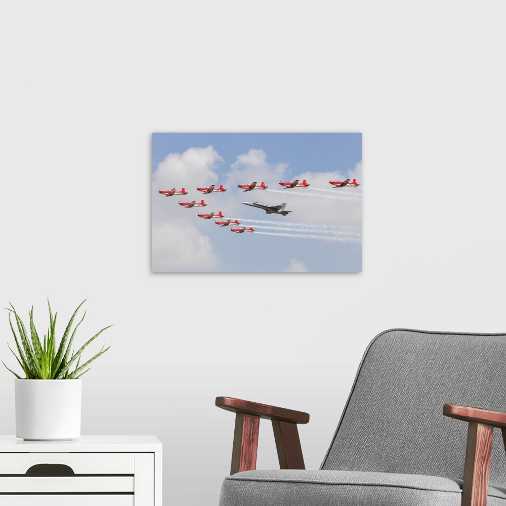 A modern room featuring Swiss Air Force F/A-18C Hornet and PC-7 Aerobatic display team.