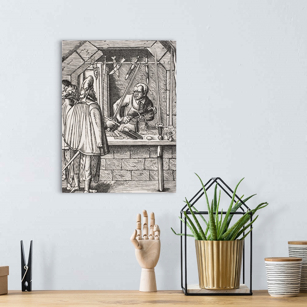 A bohemian room featuring Sword Maker. 19th Century Reproduction Of 16th Century Woodcut By Jost Amman.