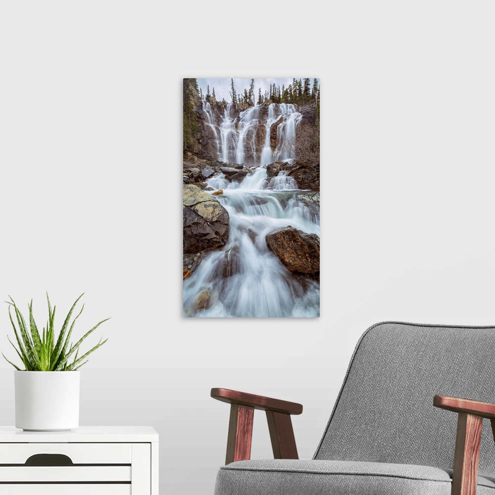 A modern room featuring Tangle Creek waterfalls, Jasper National Park, Alberta, Canada