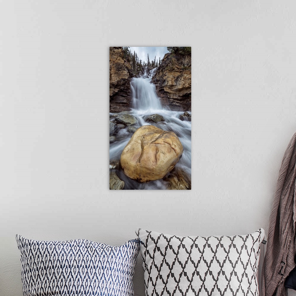 A bohemian room featuring Tangle Creek waterfalls, Jasper National Park, Alberta, Canada