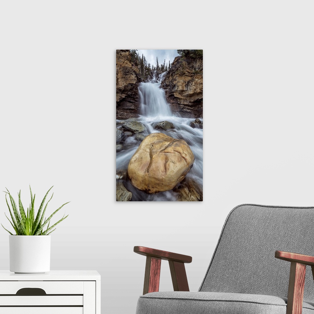 A modern room featuring Tangle Creek waterfalls, Jasper National Park, Alberta, Canada