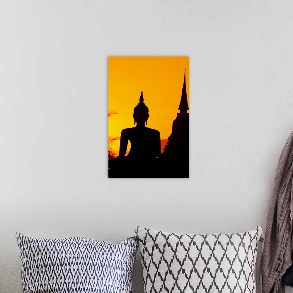 A bohemian room featuring Thailand, Sukhothai, Buddha And Temple Silhouetted At Sunset
