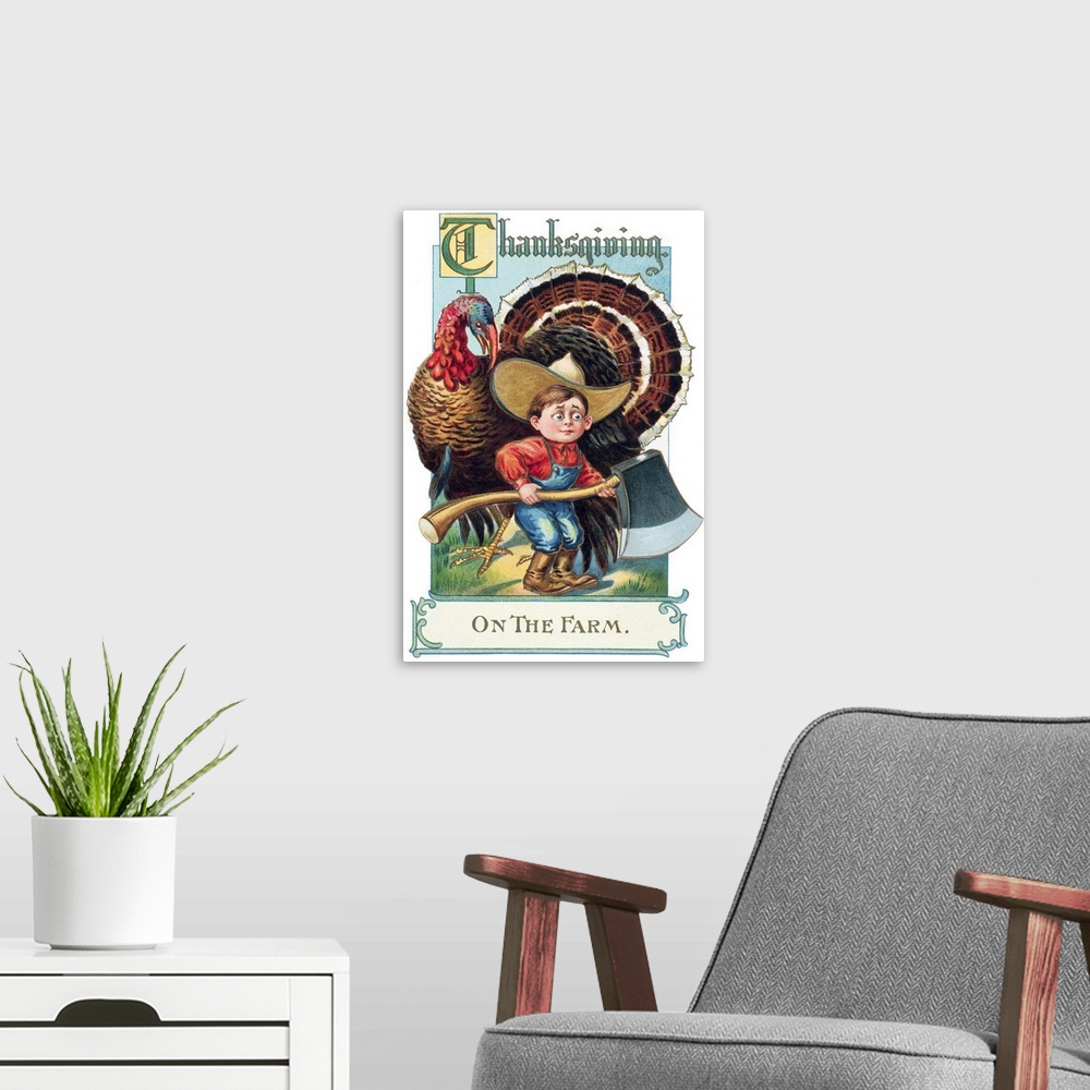 A modern room featuring Thanksgiving greeting card with illustration of boy and turkey from 20th century