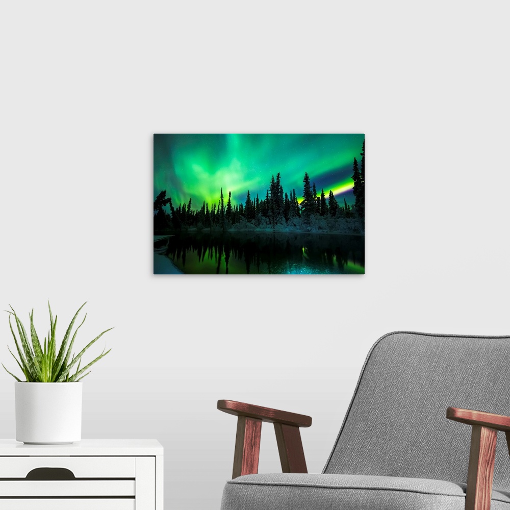 A modern room featuring The aurora reflects in the Clearwater River in Delta Junction; Alaska, United States of America