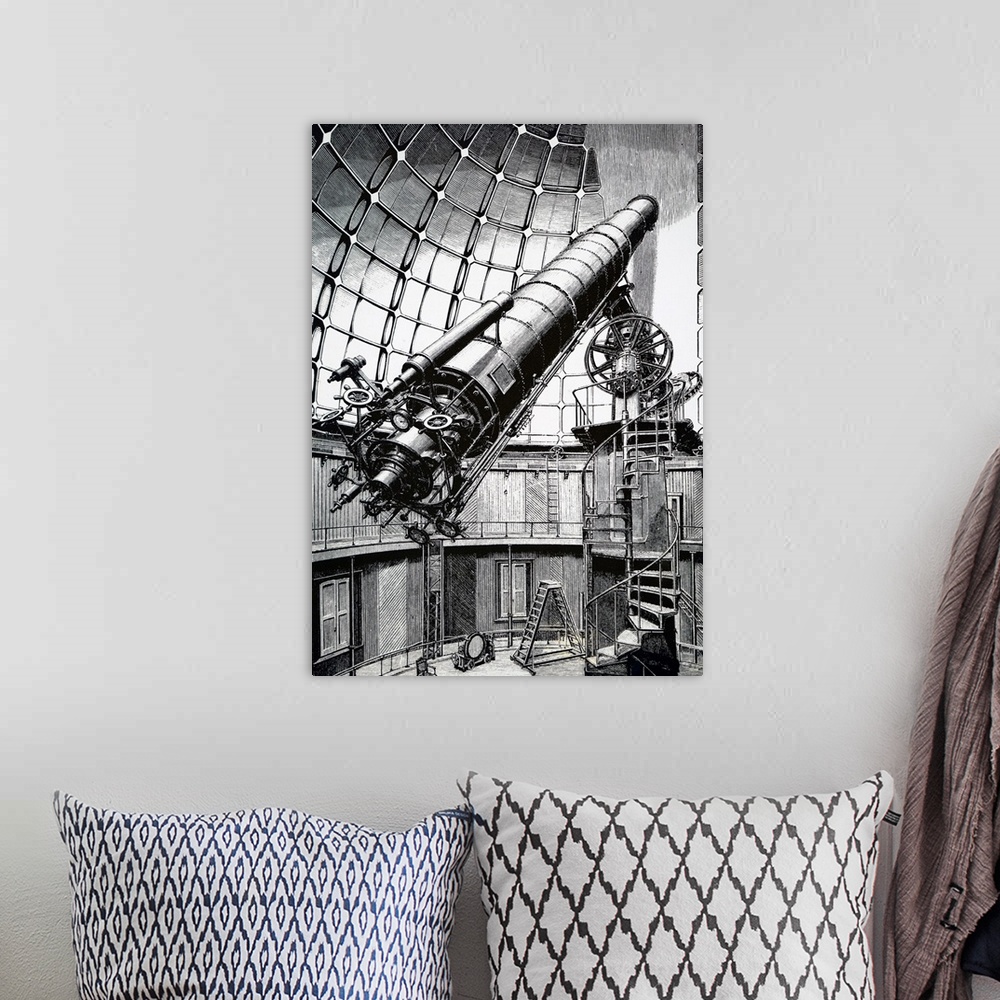 A bohemian room featuring Engraving depicting the Crossley telescope, a 36inch (910 mm) reflecting telescope located at Lic...