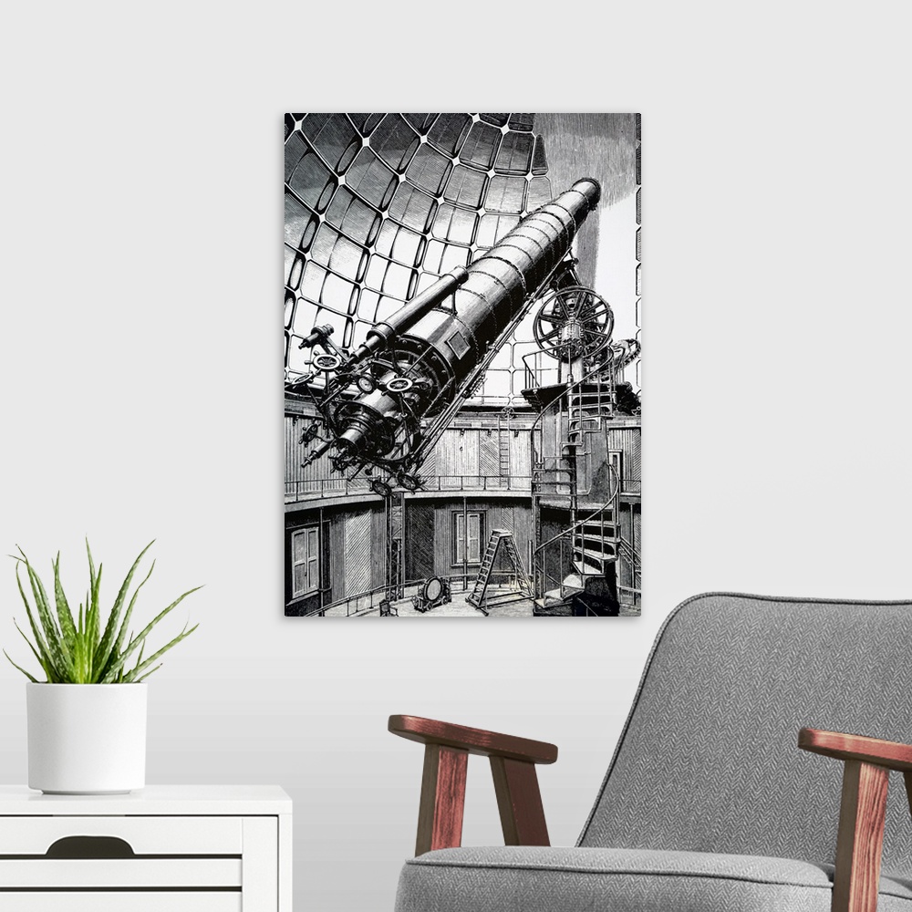A modern room featuring Engraving depicting the Crossley telescope, a 36inch (910 mm) reflecting telescope located at Lic...