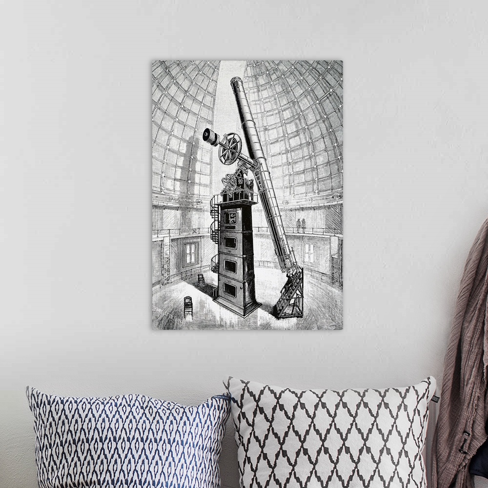 A bohemian room featuring Engraving depicting the Crossley telescope, a 36inch (910 mm) reflecting telescope located at Lic...