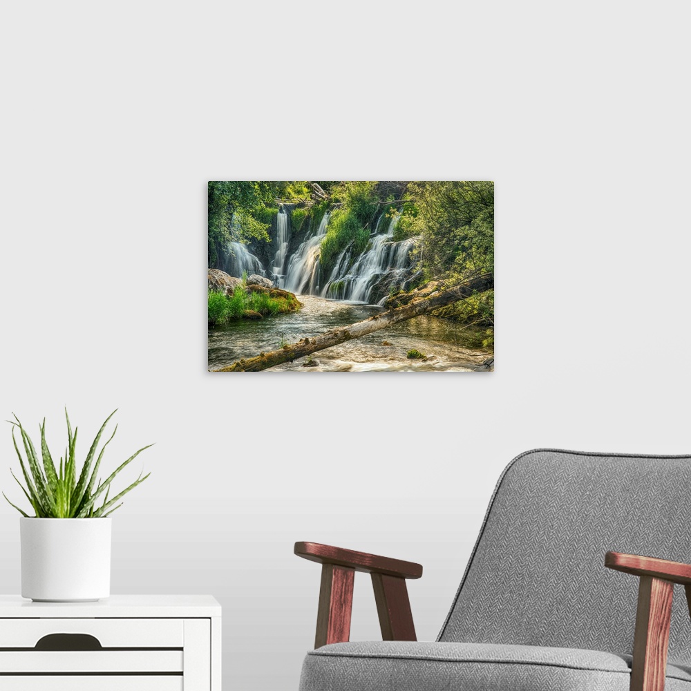 A modern room featuring The Deschutes River Falls at the base of the old Olympia Brewery, an HDR image of only a portion ...