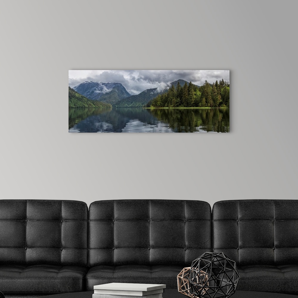A modern room featuring Panoramic view looking into the estuary of the Khutzeymateen Grizzly Bear Sanctuary, Canada.