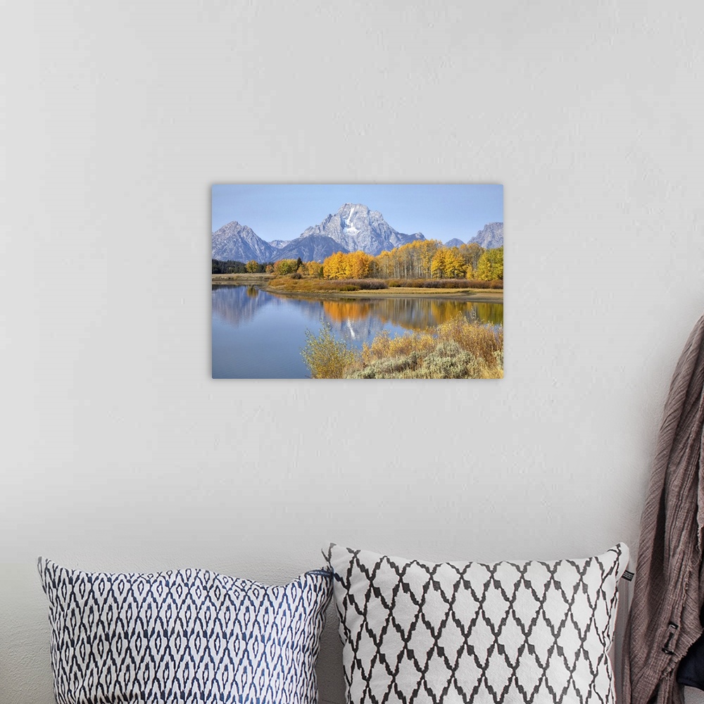 A bohemian room featuring The Grand Tetons in Grand Teton National Park reflecting fall colors in the Snake River, Wyoming,...