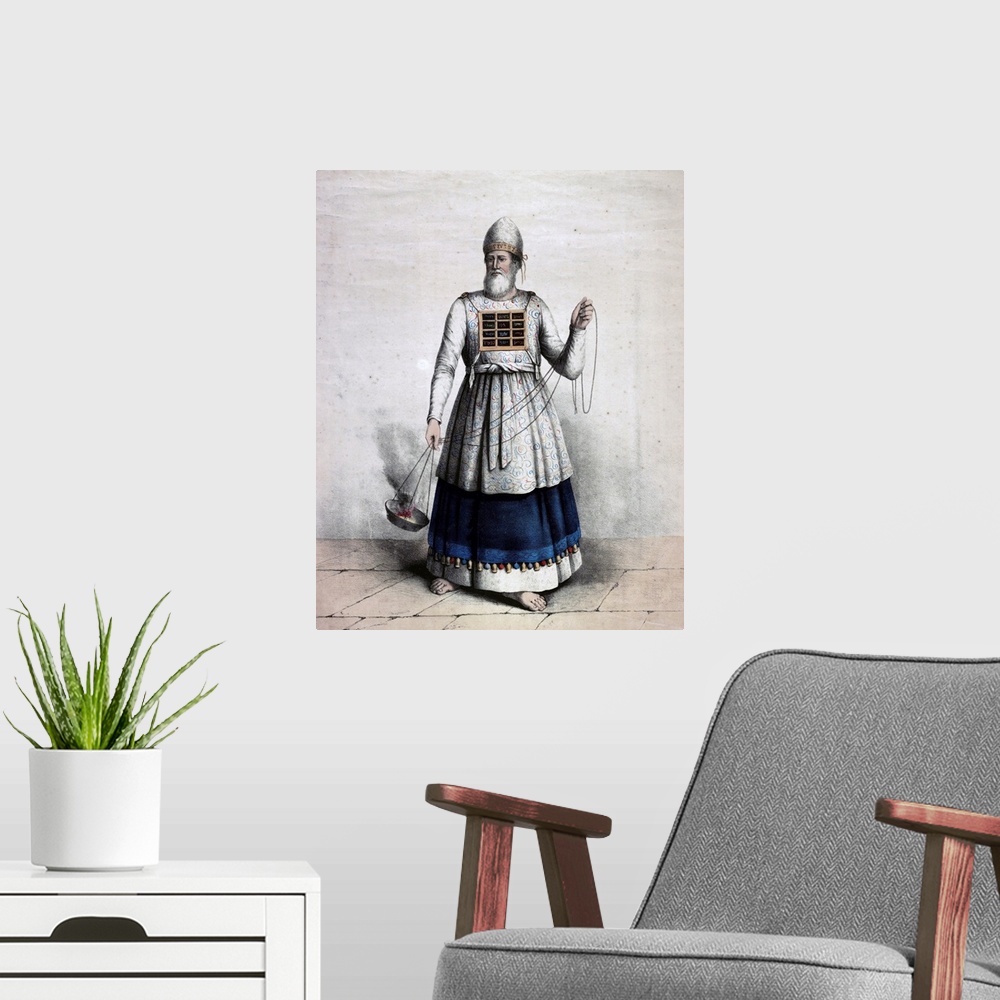 A modern room featuring The high priest in his robes by John Henry Camp. Lithograph, handcoloured print of a priest, full...