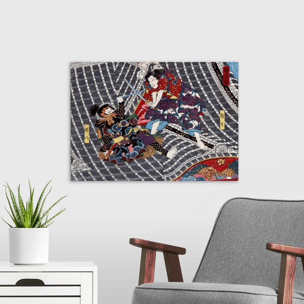 A modern room featuring Colour woodcut triptych print depicting the Horyu Tower. The print shows two Japanese men fightin...
