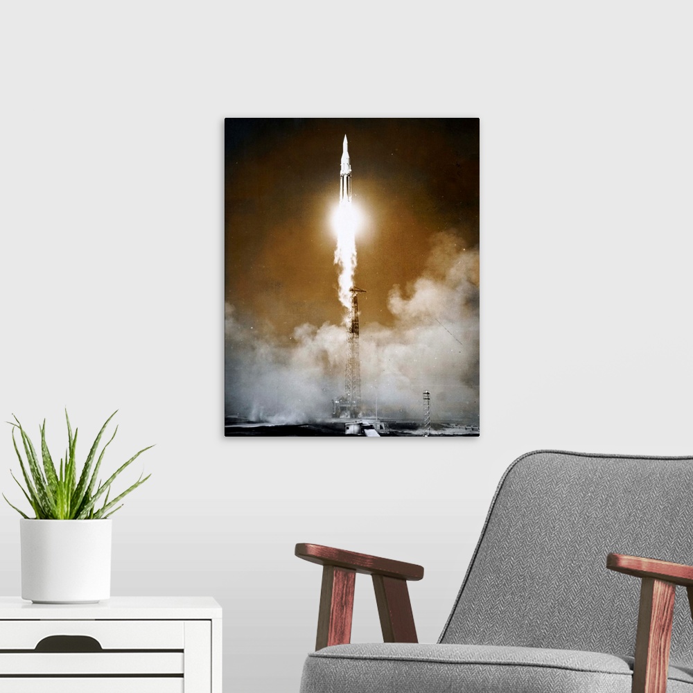 A modern room featuring Photograph taken during the launch of Saturn I, the United States first heavylift dedicated space...