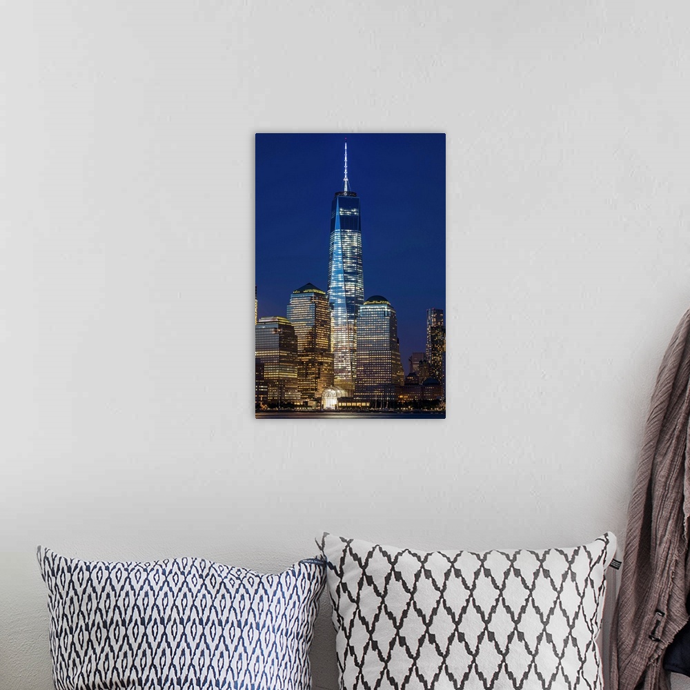 A bohemian room featuring The new World Trade Center at twilight, viewed from Jersey City, New Jersey. New York City, New Y...