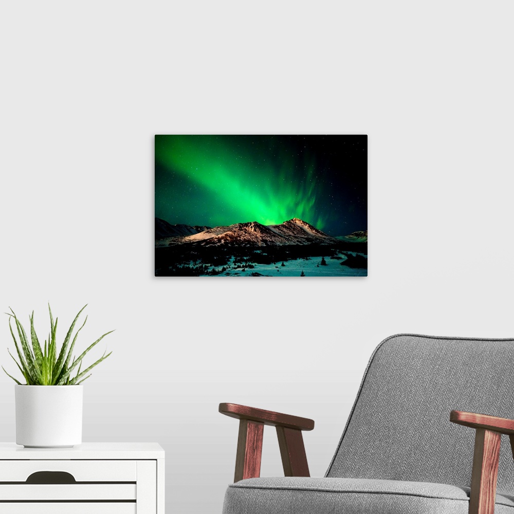 A modern room featuring The Northern Lights (Aurora Borealis) are   seen over Wolverine Peak in the Chugach State Park on...