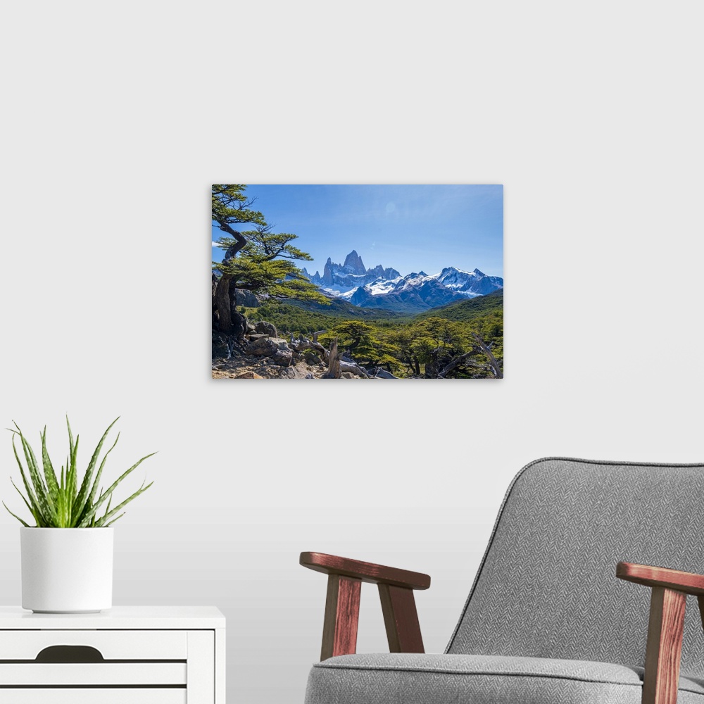 A modern room featuring The peak of Fitz Roy from the first view point of the hike.