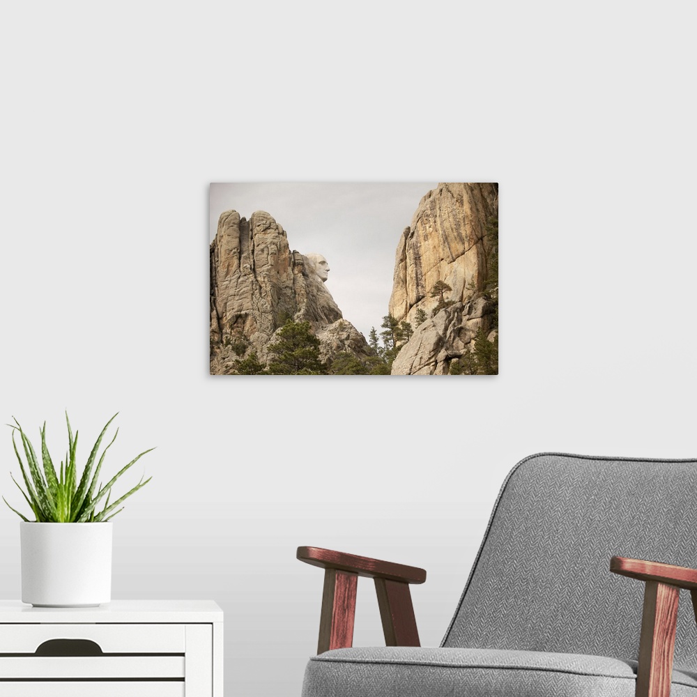 A modern room featuring The profile of President George Washington is visible on Mount Rushmore. Mount Rushmore, South Da...