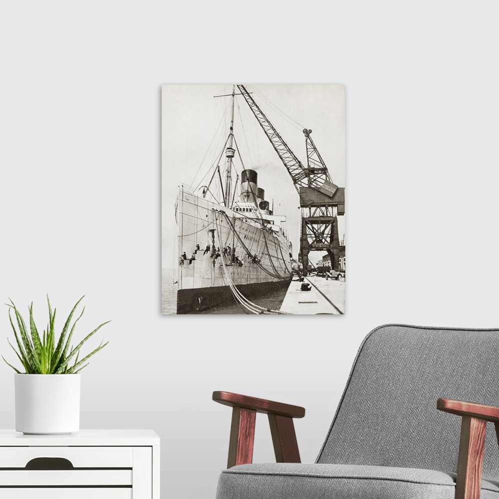 A modern room featuring The RMS Mauretania Docked And Beingpainted