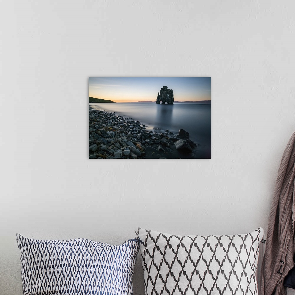 A bohemian room featuring The rock formation known as Hvitserkur, at sunset, Northern Iceland; Iceland
