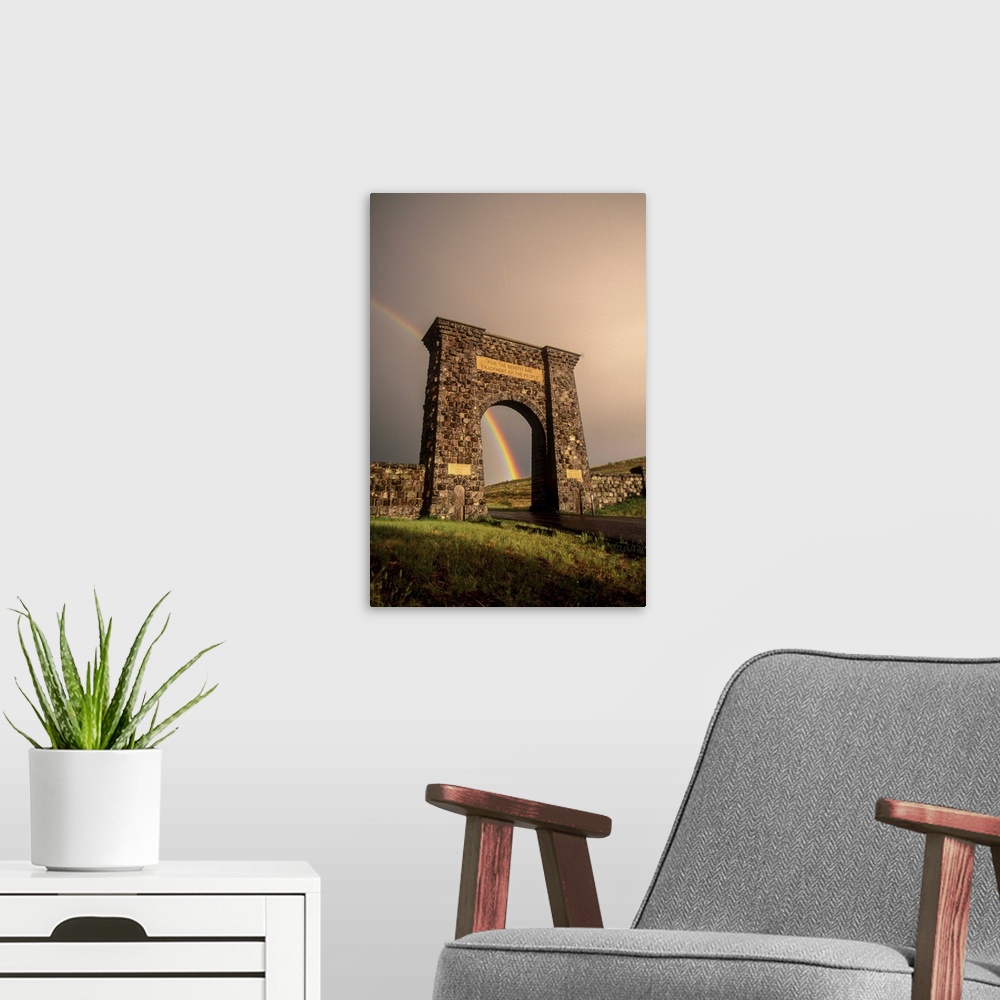 A modern room featuring The Roosevelt Arch, Gardiner, Montana, in Yellowstone National Park, Wyoming, United States of Am...