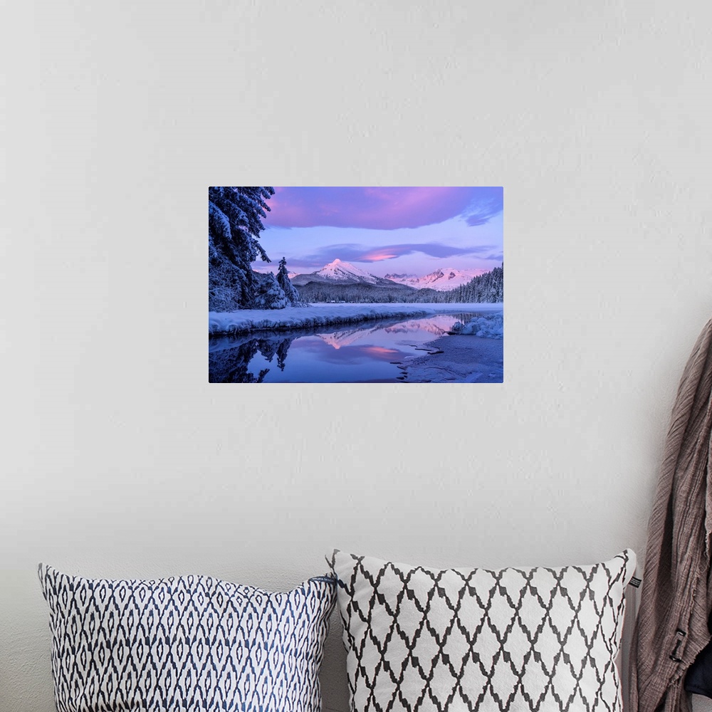 A bohemian room featuring Alpenglow colours the snow-covered coastal range mountains, Mendenhall Glacier and Mendenhall tow...