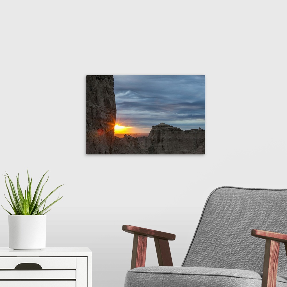A modern room featuring The sun rises over Badlands National Park, South Dakota, United States of America